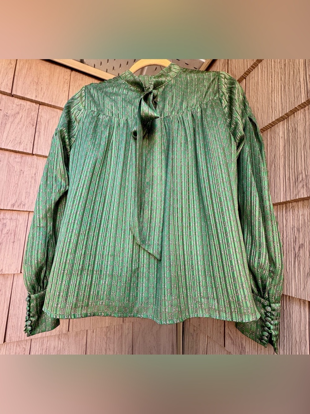 Birgitte Herskind Billowy Blouse in Emerald Green Chain Print, Bow & Buttons. 34